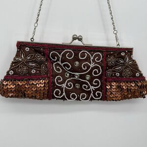 Unbranded Brown Beaded Sequin Crossbody Bag Silver Boho Purse